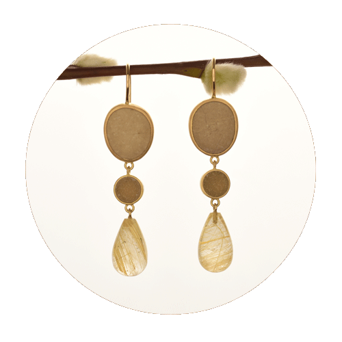 earrings - three-piece, pebble, agate crystal, gold rutile, rock crystal with gold rutile needles, gold 750/000